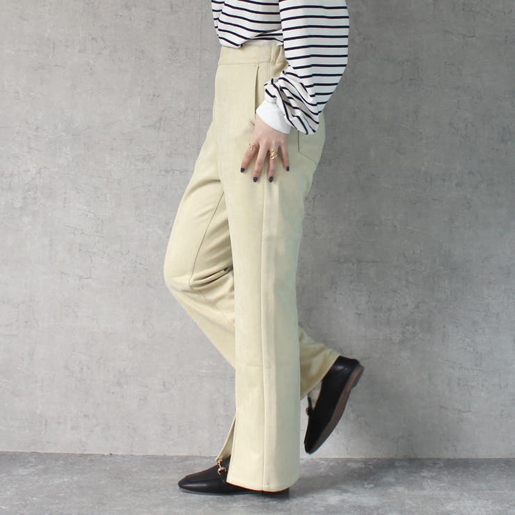 ライトグリーン | フェイクスエードセミフレアパンツ ボトムス スリット ロング 秋冬 春 | SELECT LEVERY 