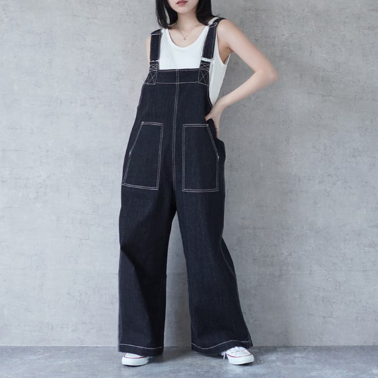 ワンウォッシュブラック | 配色ステッチベイカーサロペット パンツ ロングシーズン 春夏 秋冬  | SELECT LEVERY 