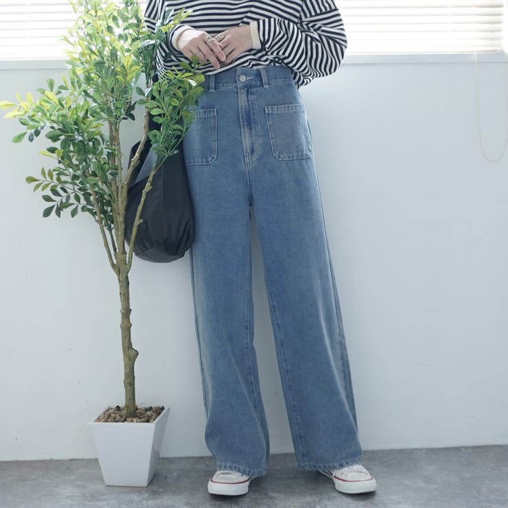 フロントポケットデニムワイドパンツ ストレートパンツ オールシーズン