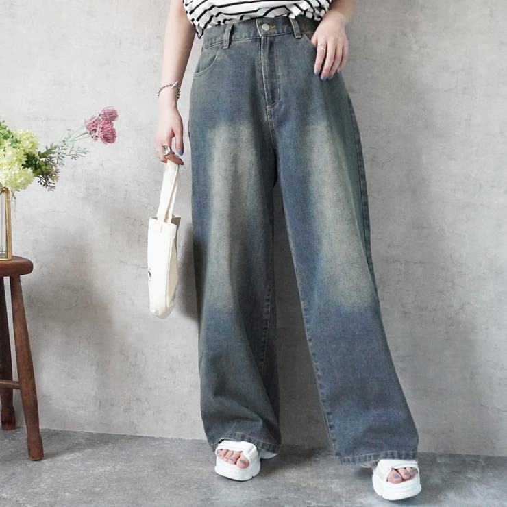 ネイビー | 美脚スーパーワイドデニムパンツ ハイウエスト ルーズワイドパンツ | SELECT LEVERY 