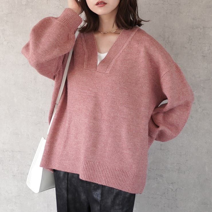 もちもち天竺キーネックニット Vネック 無地 トップス 長袖 秋冬[品番