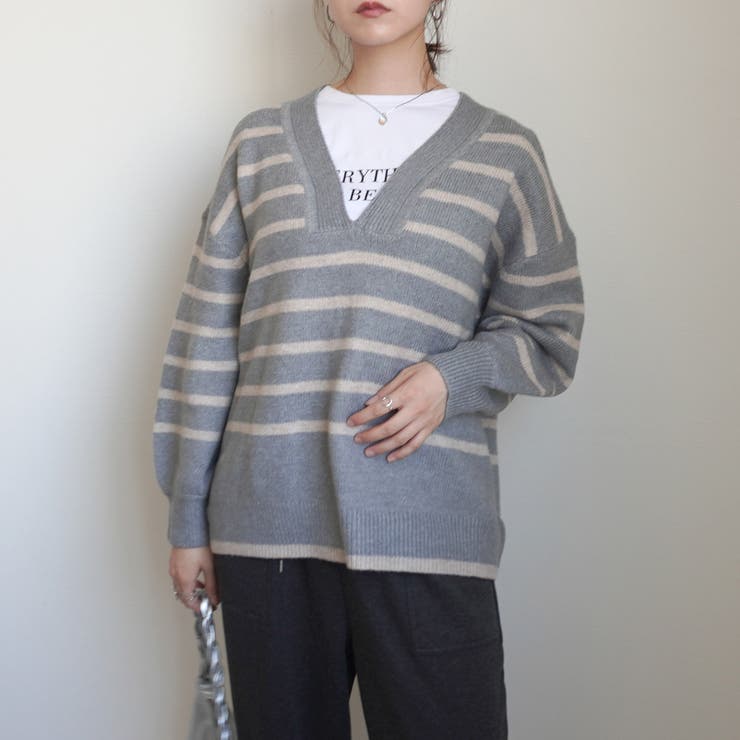 お手軽価格で贈りやすい もちもち天竺ボーダーキーネックニット 長袖 トップス Vネック トップス