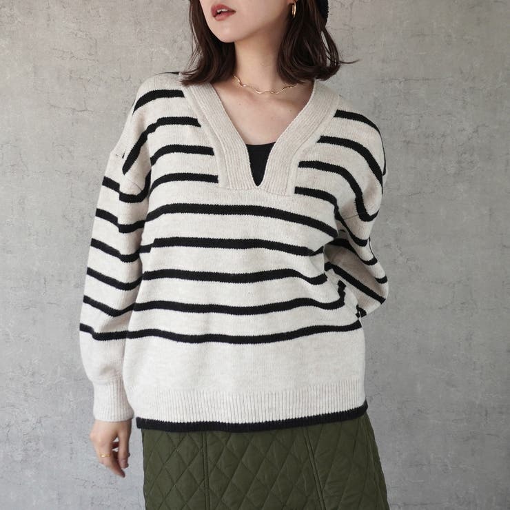 【超お買い得！】 もちもち天竺ボーダーキーネックニット Vネック トップス 長袖 トップス