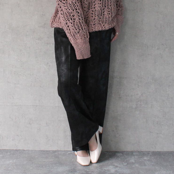 ブラック | ウエストギャザーゴム内側紐サイズ調整あり マーブル調ワイドパンツ ボトムス | SELECT LEVERY 