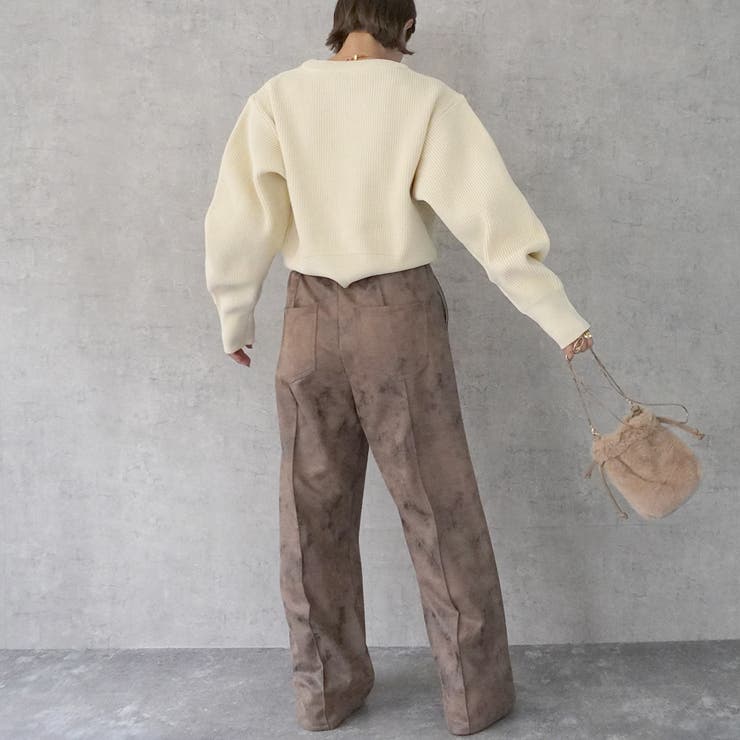 ウエストギャザーゴム内側紐サイズ調整あり マーブル調ワイドパンツ