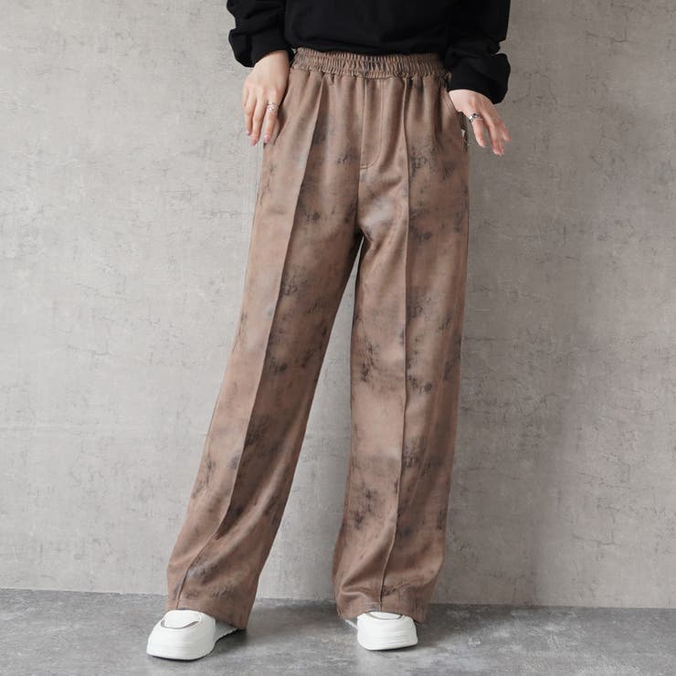 ウエストギャザーゴム内側紐サイズ調整あり マーブル調ワイドパンツ