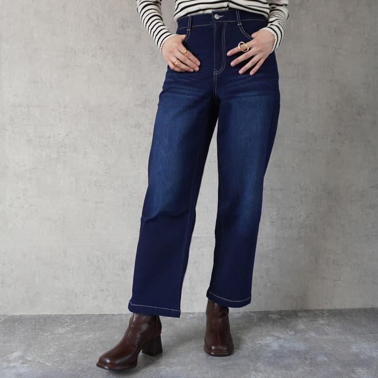 ユーズドネイビー | 裏起毛ワイドパンツ デニム ストレッチ ボトムス 秋冬 | SELECT LEVERY 