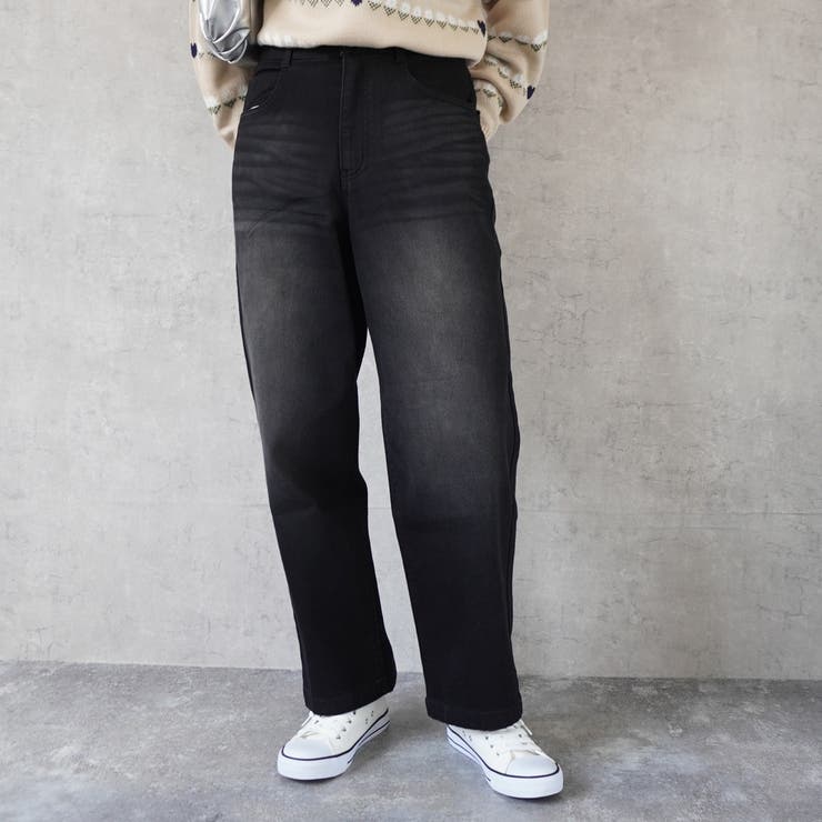 ユーズドブラック | 裏起毛ワイドパンツ デニム ストレッチ ボトムス 秋冬 | SELECT LEVERY 