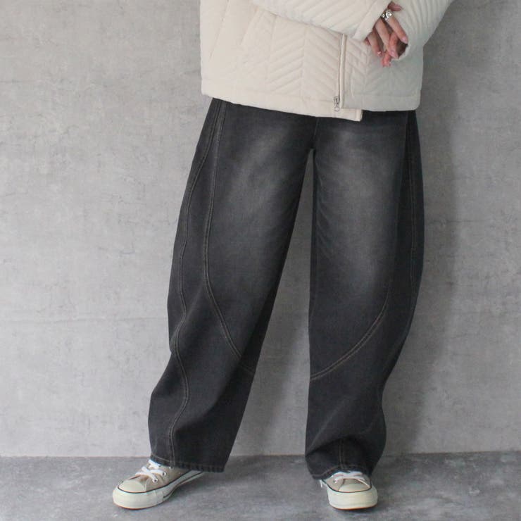 ヴィンテージブラック | 立体切り替えバルーンデニムパンツ ブラスト加工 カーブパンツ | SELECT LEVERY 