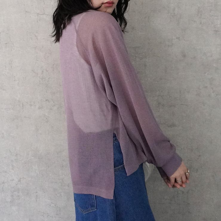 配色シアーニットプルオーバー トップス 長袖 春夏 秋