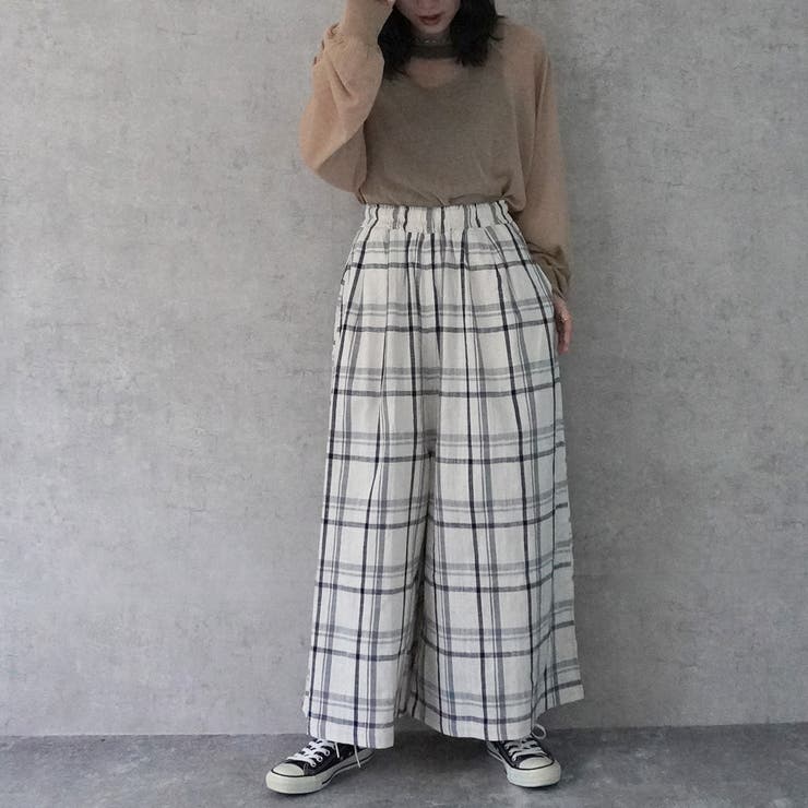 ホワイトチェック | チェックフレアーワイドパンツ スカーチョ 麻 | SELECT LEVERY 