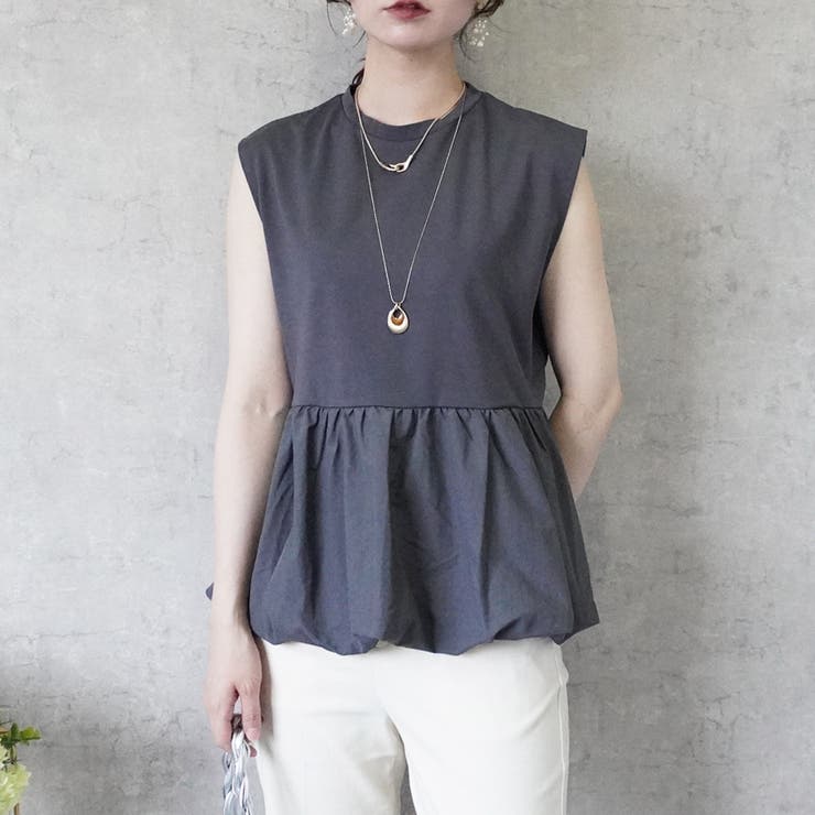チャコール | シルクタッチ接触冷感異素材ペプラムバルーンTシャツ ノースリーブTシャツ | SELECT LEVERY 