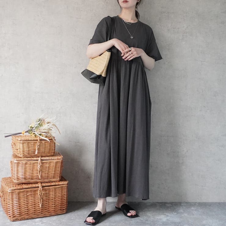 022.チャコール | ウエストギャザー半袖ロングワンピース フレアワンピース Tシャツ | SELECT LEVERY 