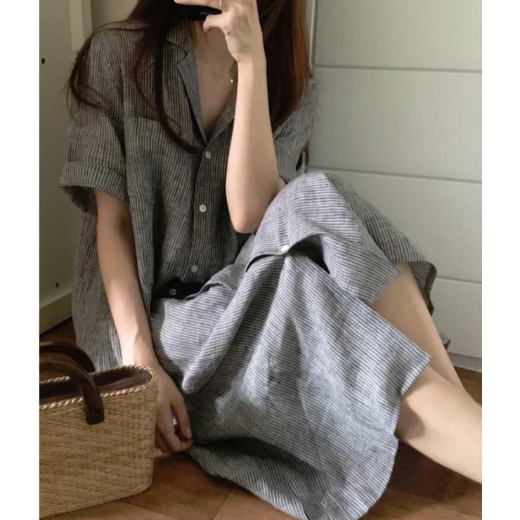 ストライプミディアム丈半袖シャツドレスシャツワンピミディアム丈春夏ストライプ半袖シャツ半袖ミディアム丈シャツワンピワンピースレディース羽織りきれいめカジュアルシャツゆるカジ