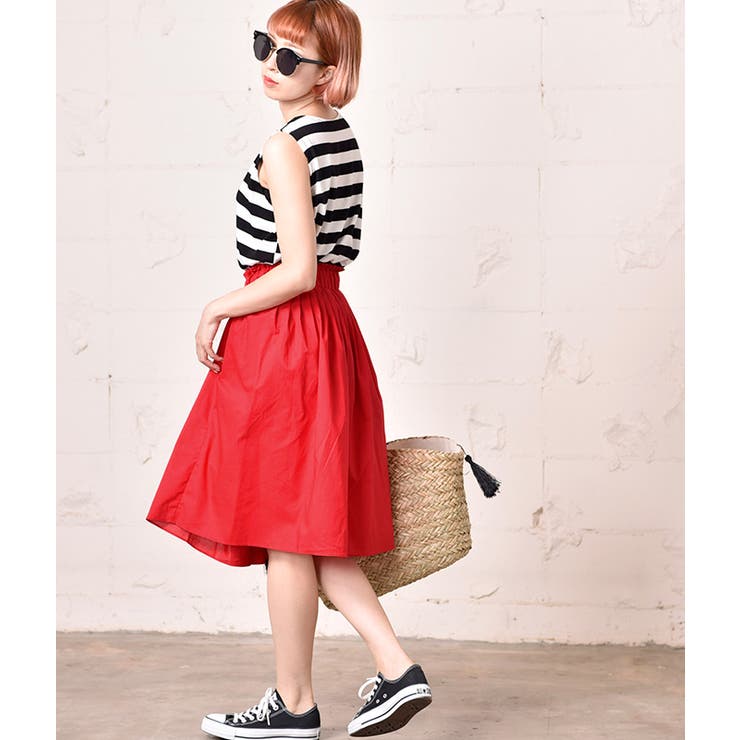 ウエストタックコットンスカート(膝丈 ひざ丈 フレア[品番