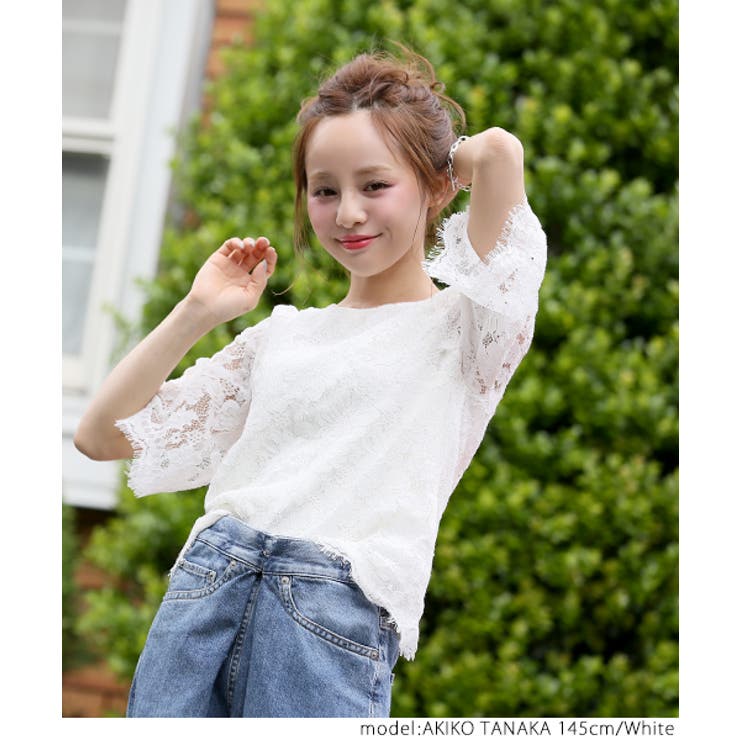 花柄総レース七分袖トップス 田中亜希子さん着用(ブラウス スカラップ