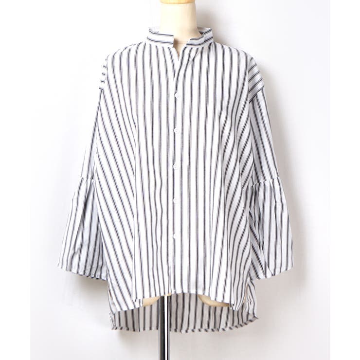 PENNYBLACK ストライプ フレア袖 Tシャツ tops-02511 ピンストライプ オーバー シャツ ホワイト ブラック