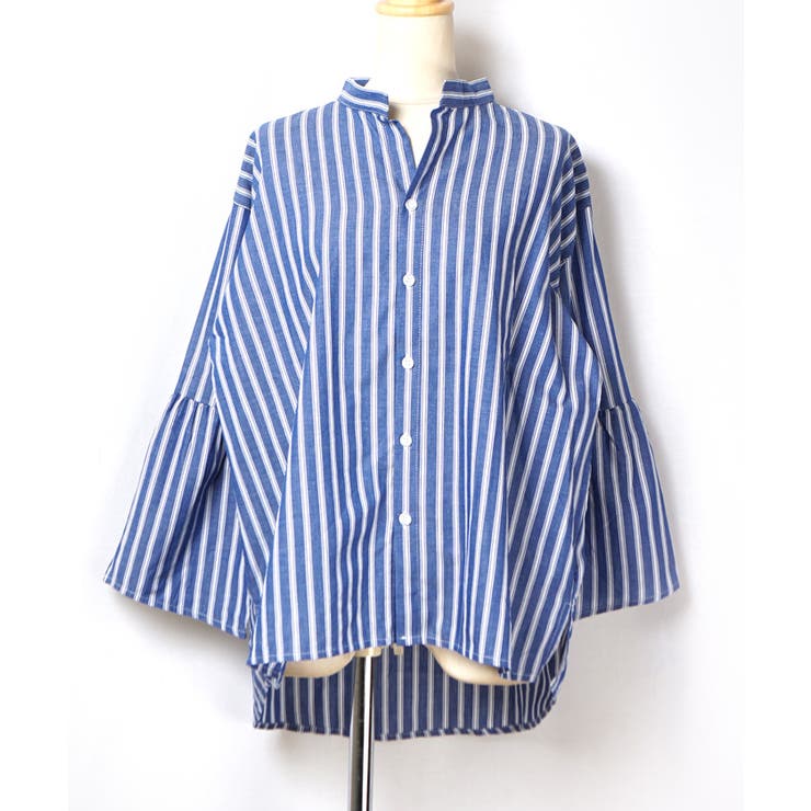 PENNYBLACK ストライプ フレア袖 Tシャツ tops-02511 ピンストライプ オーバー シャツ ホワイト ブラック