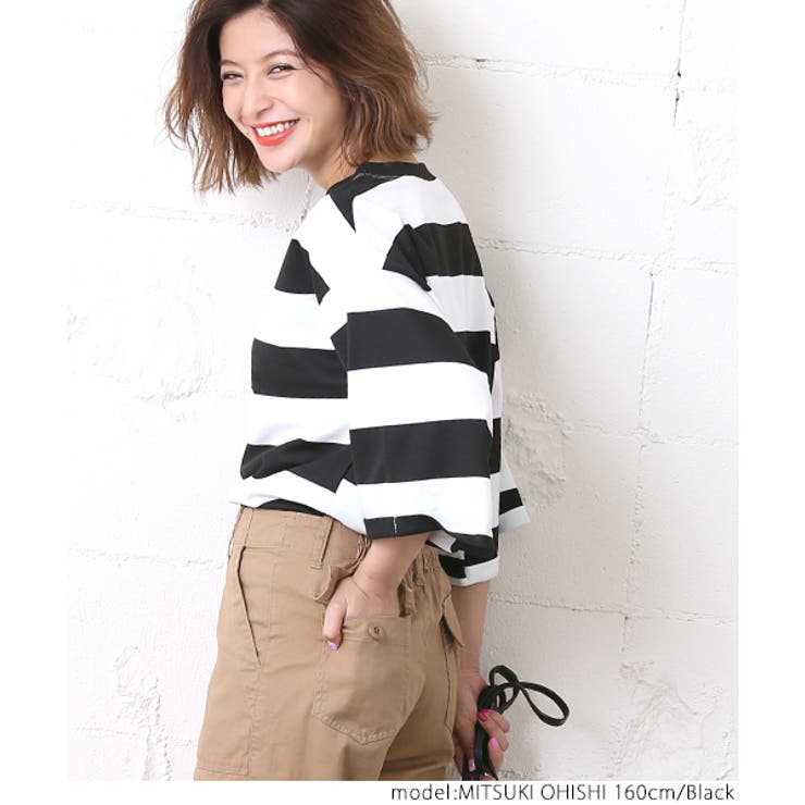 太ピッチボーダー五分袖カットソー 大石参月さん着用(Tシャツ クルー 