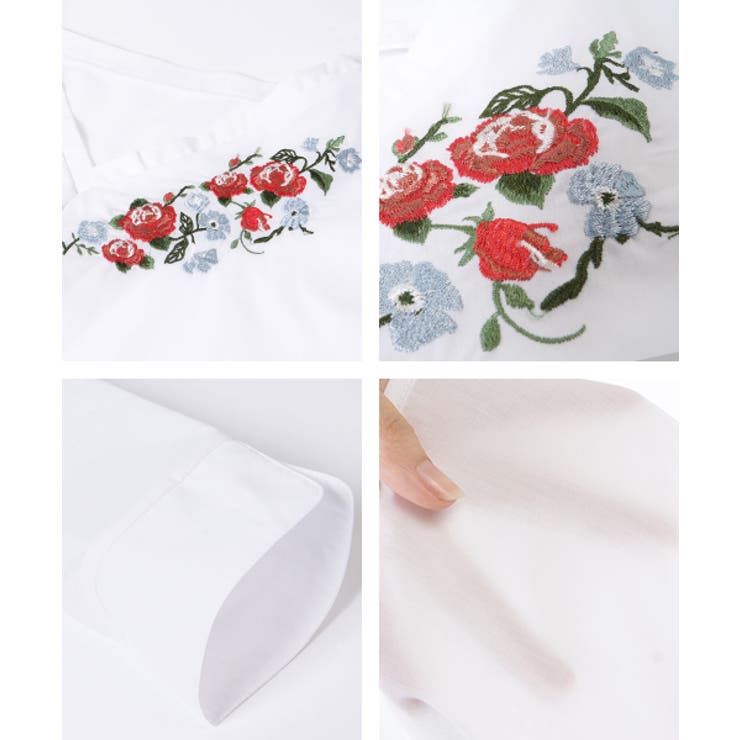 フロントタック入りVネック花柄刺繍シャツ(ブラウス トップス 七