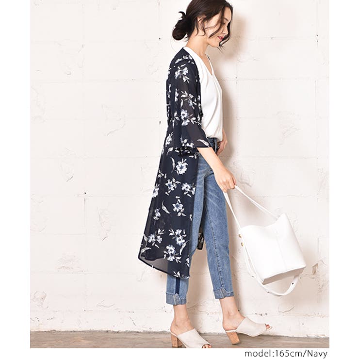 腰紐付き大花柄シフォンガウン(シャツディガン ロング