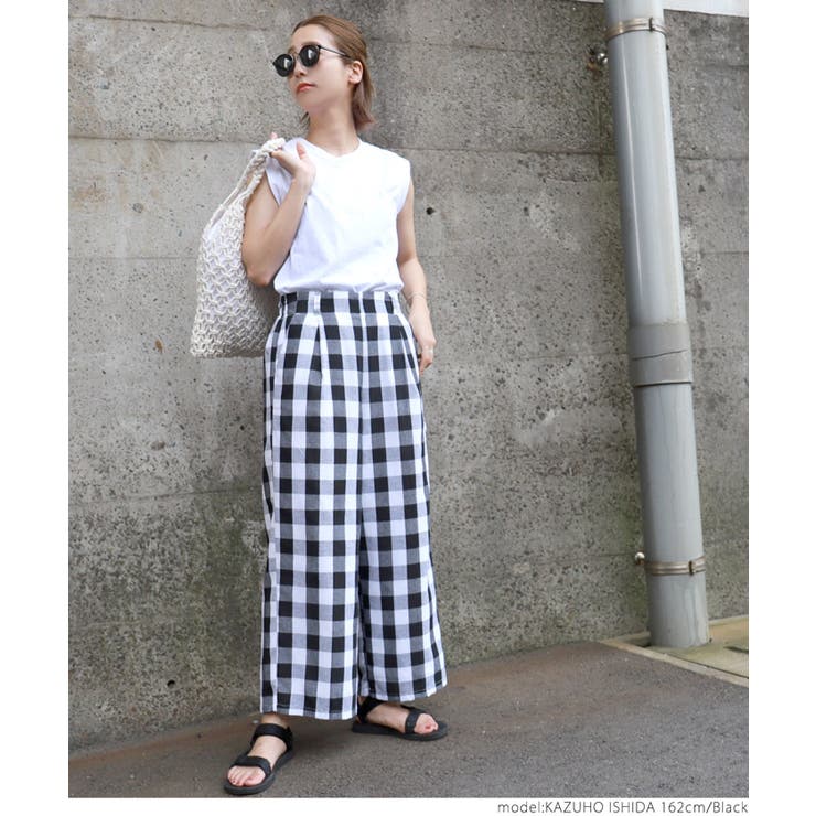ワイドパンツ ギンガムチェック ハイウエスト ストレート ロング REAL STYLE（ファッション） ワイドパンツ レディース 丈長め 夏