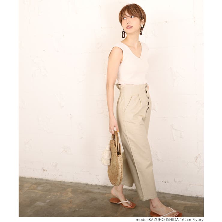 フロントボタンクロップドワイドパンツ 石田一帆さん着用[品番