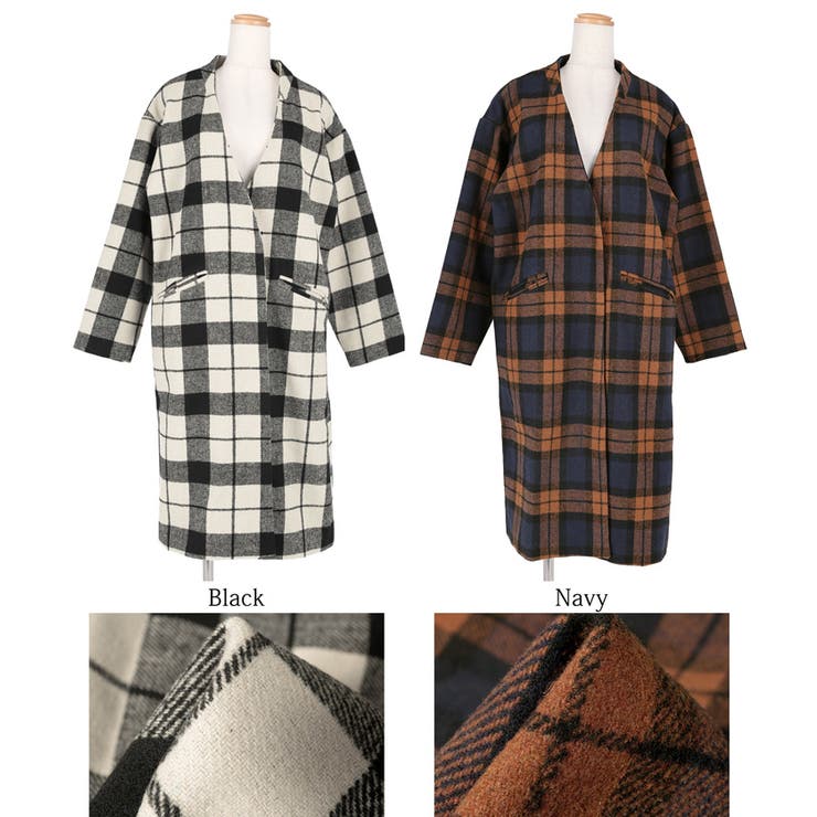 チェック柄ノーカラーフェイクウールコート yokoさん着用[品番