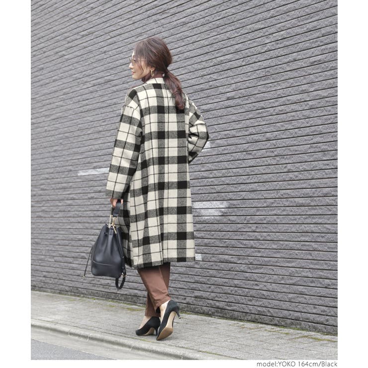 チェック柄ノーカラーフェイクウールコート yokoさん着用[品番