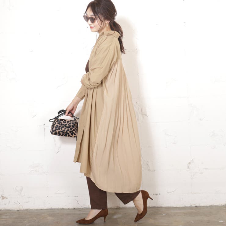 本店限定 YOKO CHAN バックプリーツ ワンピース値下げなし ロング丈バックプリーツシャツワンピース YOKOさん着用(ロング