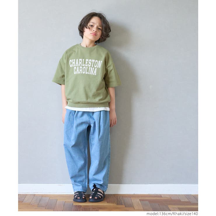 キッズ 親子お揃い半袖ミニ裏毛スウェットトップス[品番