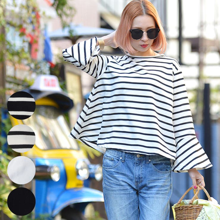 ボーダーズアットバルコニー トップス カットソー Vネック フレア 切替