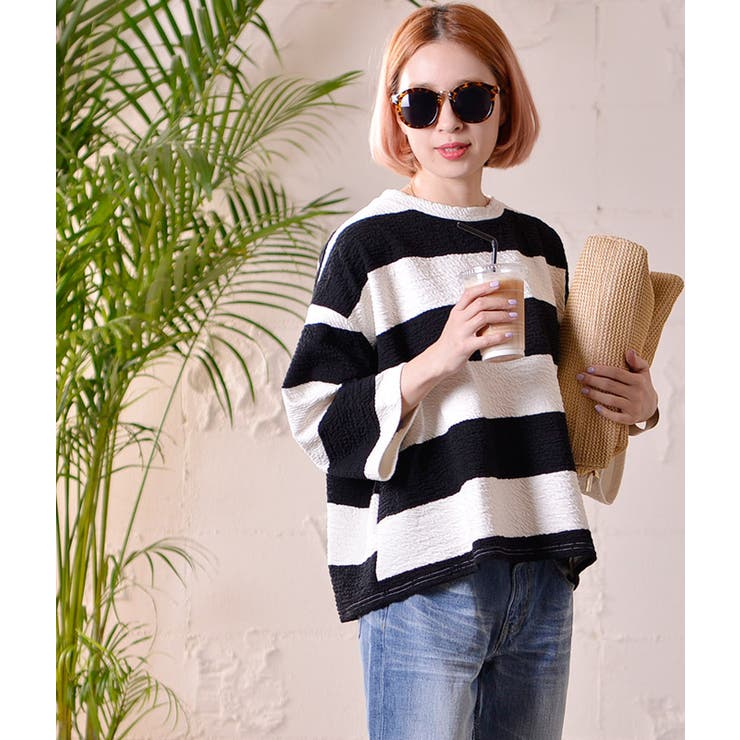 スフレパフスリプルオーバーボーダートップスパワショルTシャツブラウスカットソー スフレパフスリプルオーバーボーダートップスパワショルTシャツ