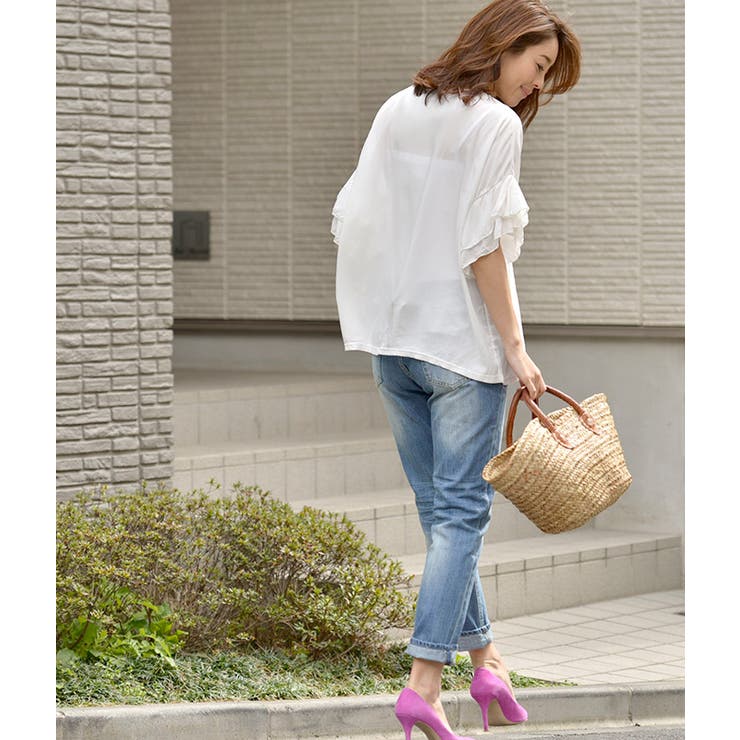 大桑マイミさん着用 袖フリルしっとり薄手トップス[品番