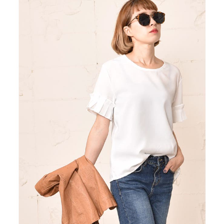 袖プリーツ半袖トップス(Tシャツ カットソー 無地[品番