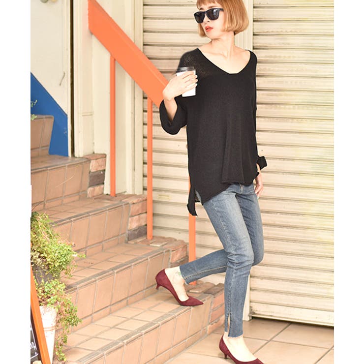 裾スリット入りカットオフデニムパンツ(ジーンズ ジーパン
