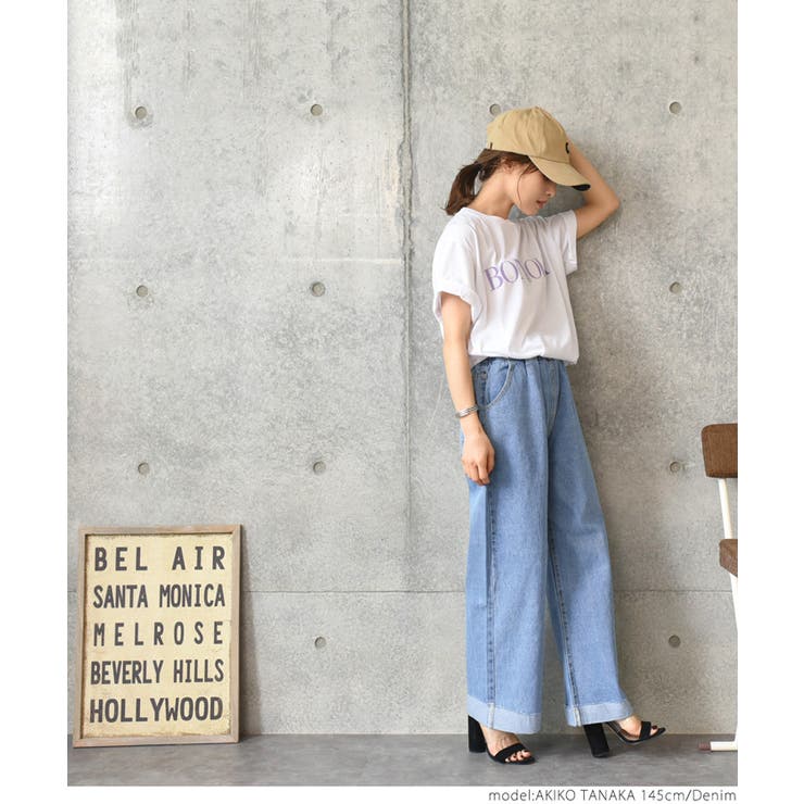 ロールアップウエストゴムワイドデニムパンツ(ジーパン ジーンズ
