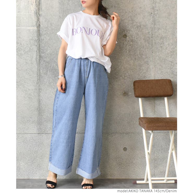 ロールアップウエストゴムワイドデニムパンツ(ジーパン ジーンズ ロールアップウエストゴムワイドデニムパンツ(ジーパン ジーンズ