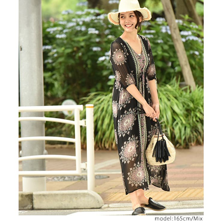 オリエンタル柄フレアワンピース(Vネック シフォン Aライン[品番