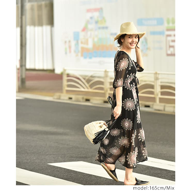 オリエンタル柄フレアワンピース(Vネック シフォン Aライン[品番