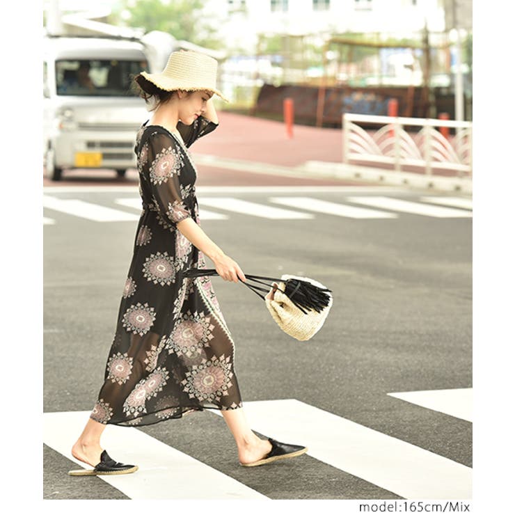 オリエンタル柄フレアワンピース(Vネック シフォン Aライン[品番