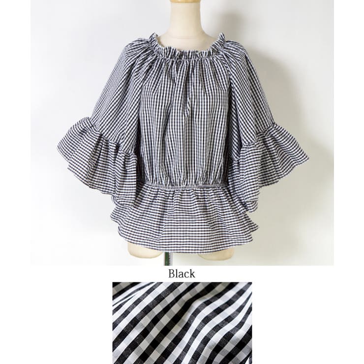 再入荷】ギンガムチェックボリューム袖フリルブラウス(オフショルダー 