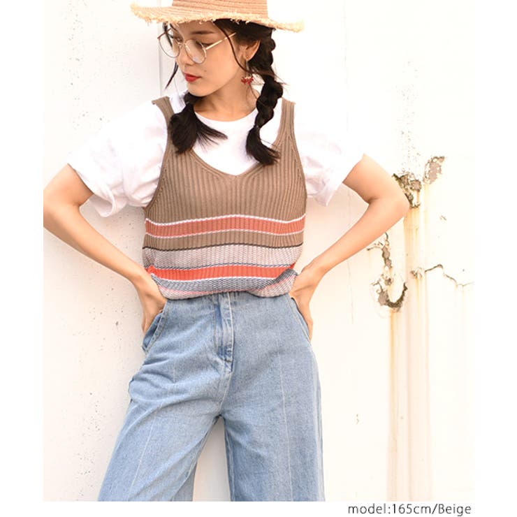 マルチボーダーリブニットビスチェ(ノースリーブ タンクトップ