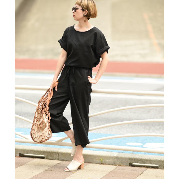 リネンコットン半袖セットアップ(ワイドパンツ カットソー Tシャツ