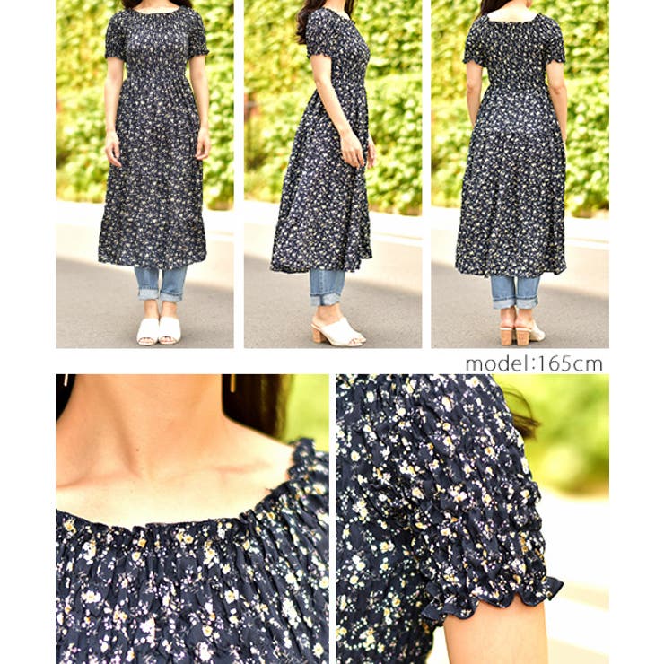 2way小花柄シャーリングワンピース(オフショルダー フレア