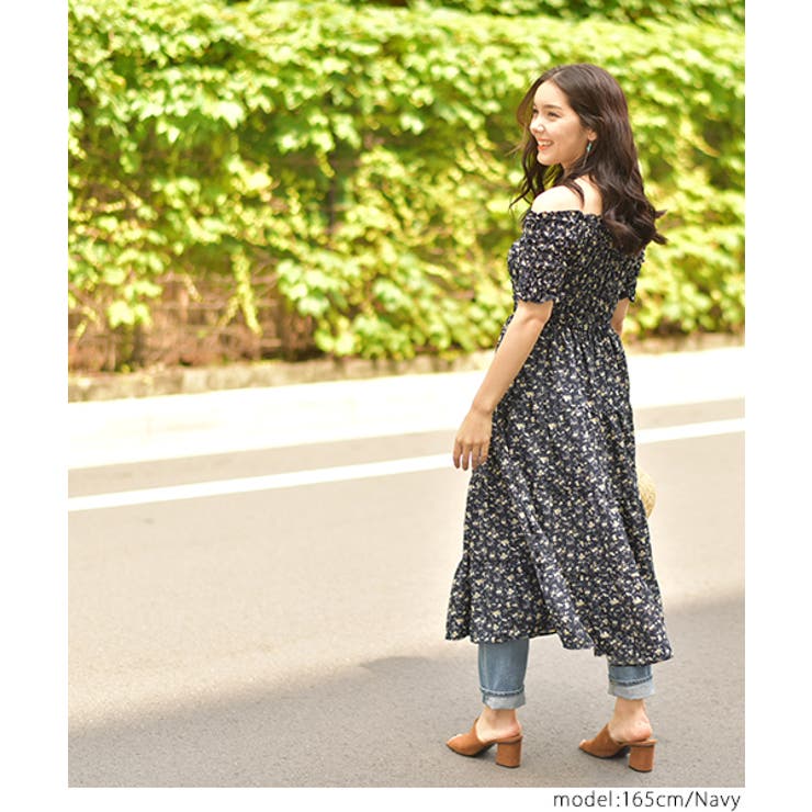 2way小花柄シャーリングワンピース(オフショルダー フレア