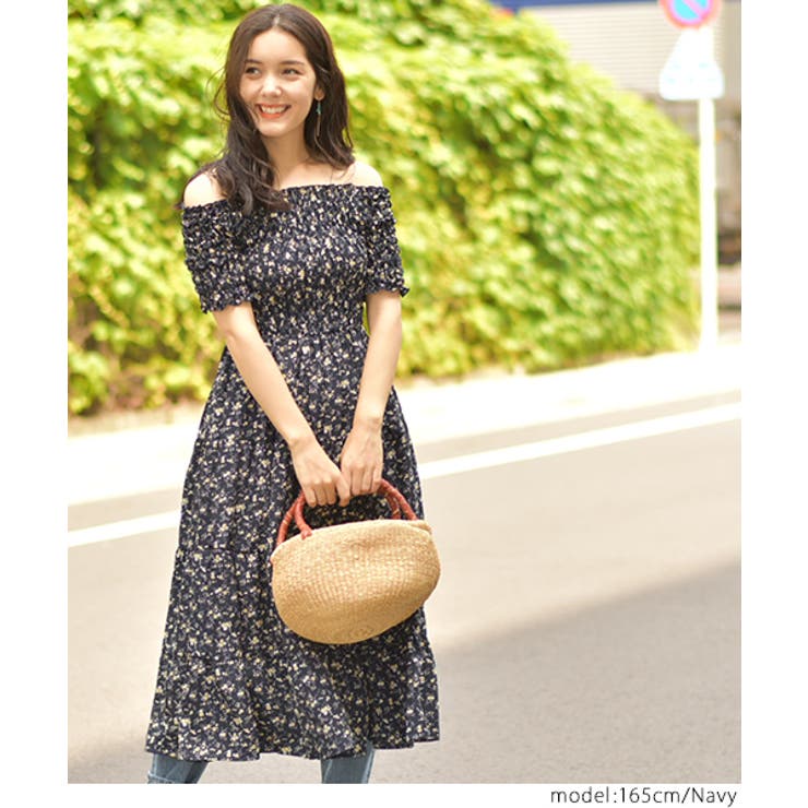2way小花柄シャーリングワンピース(オフショルダー フレア