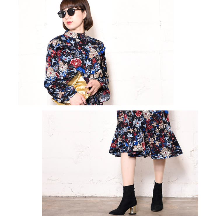 【送料無料】ウエストリボン 花柄 フレア ロング ワンピース n'OrLABEL ロング ワンピース 長袖 花柄 きれいめ シフォン