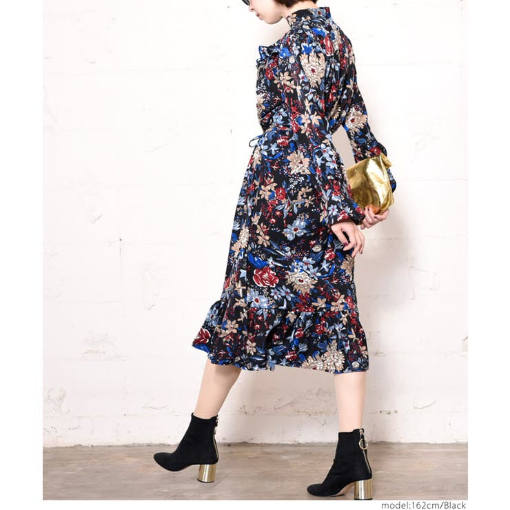 【送料無料】ウエストリボン 花柄 フレア ロング ワンピース 新品未使用 SHEIN L ワンピース フレア ボタニカル 花柄