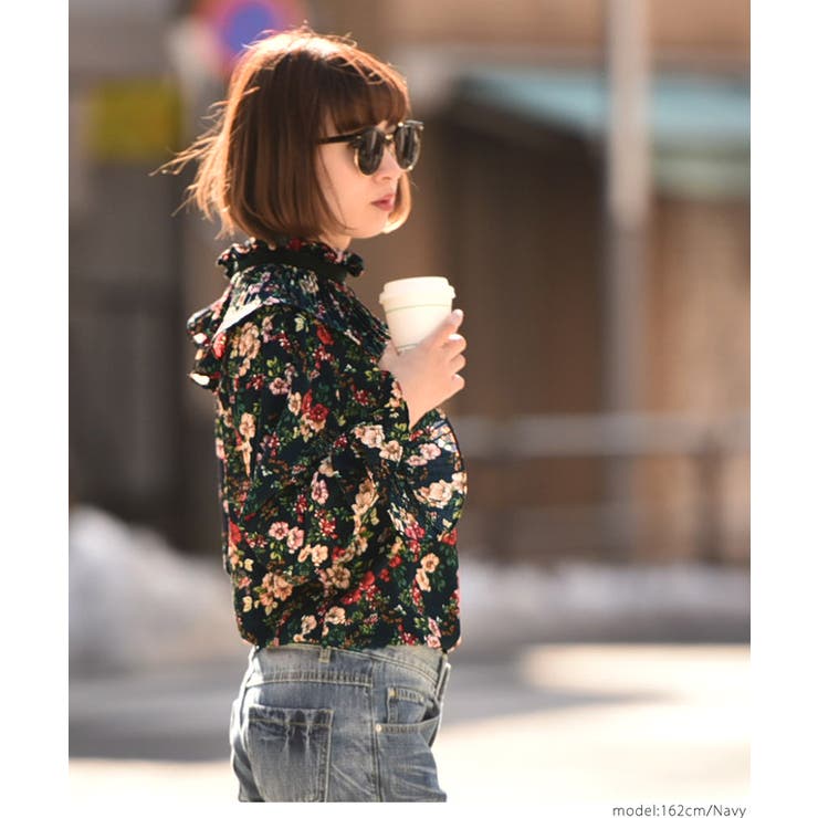 ハイネックラッフルカラー花柄ブラウス(シャツ トップス フリル